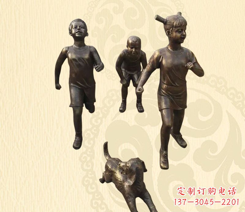 益阳奔跑的儿童和小狗小品铜雕