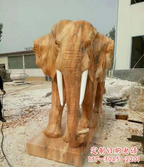 益阳鼻卷如意晚霞红招财大象石雕