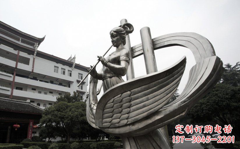 益阳古典美女不锈钢吹笛子雕塑