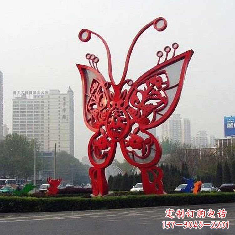 益阳城市园林道路绿化带大型红色蝴蝶不锈钢雕塑景观