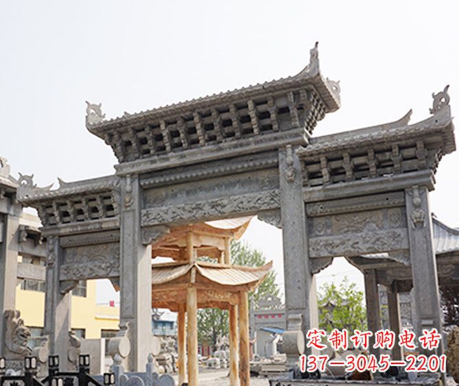 益阳村庄大理石三门牌坊石雕