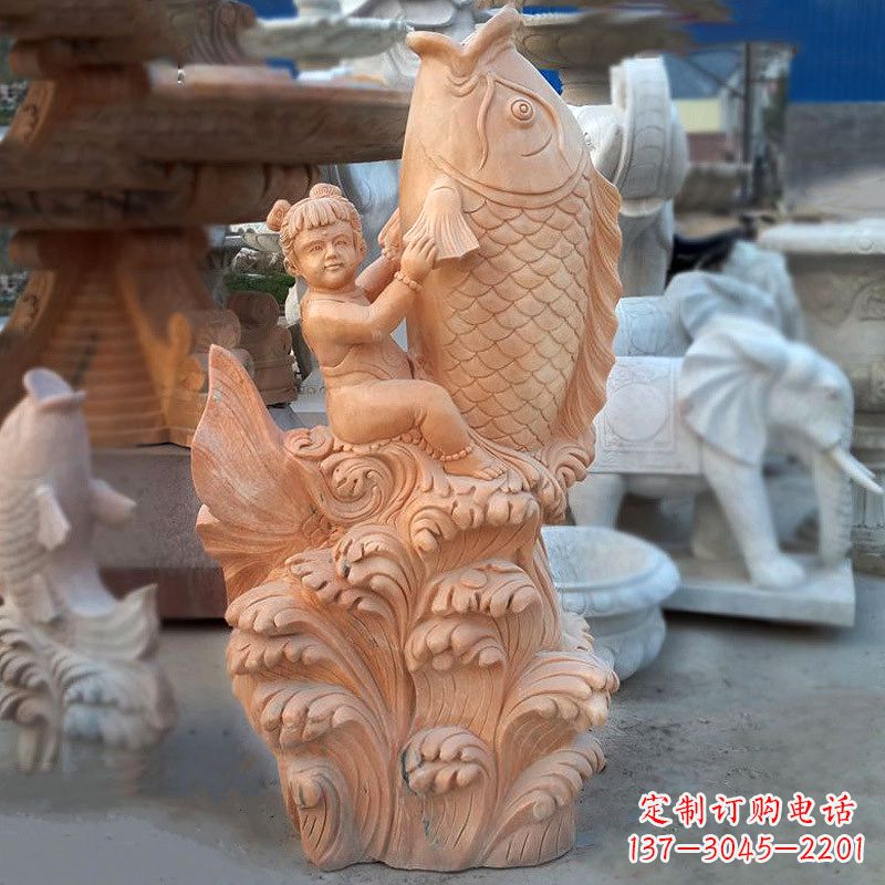 益阳大型喷水鲤鱼雕塑-晚霞红石喷泉