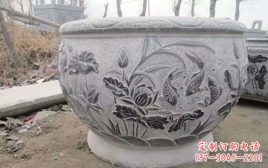 益阳仿古雕刻鲤鱼石浮雕水缸