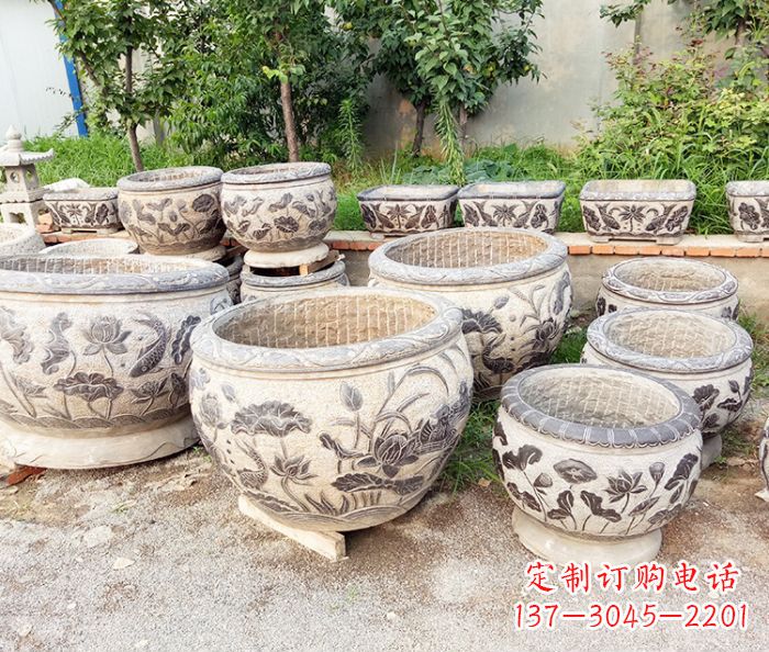 益阳仿古石雕鲤鱼浮雕水缸