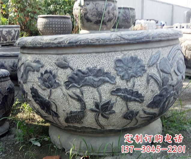 益阳中领雕塑仿古荷花石浮雕水缸