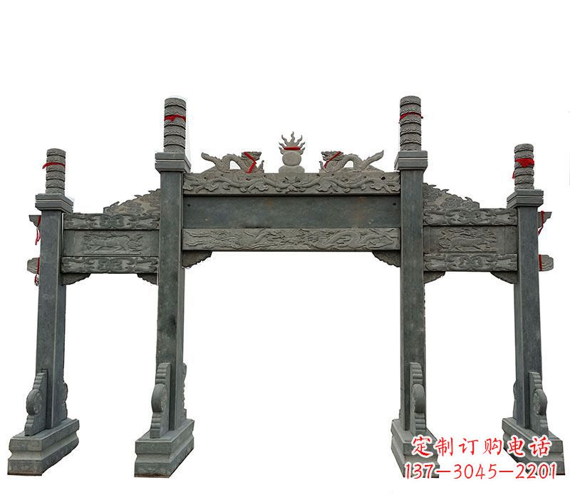 益阳仿古三门大理石牌坊石雕 (2)