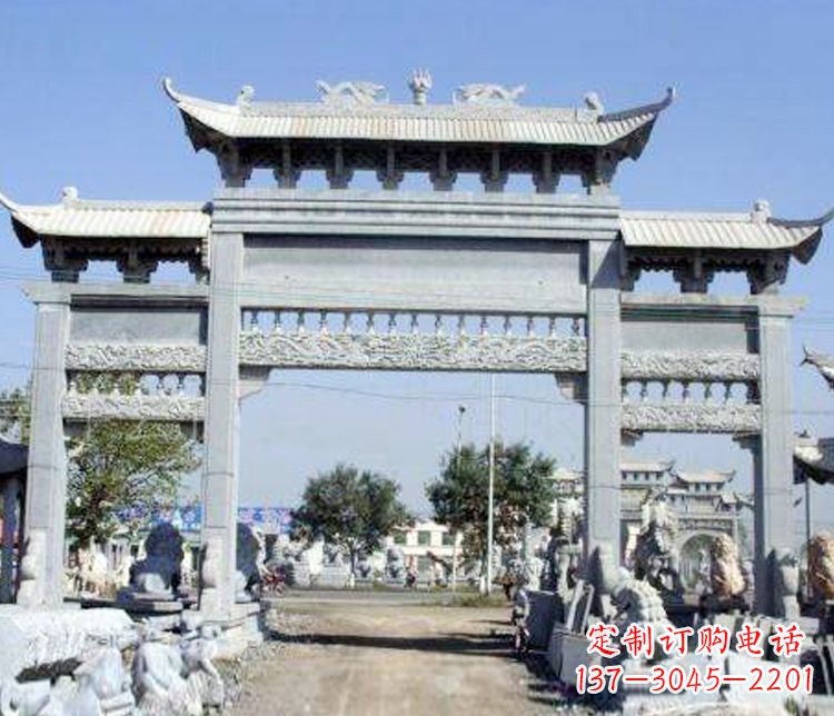 益阳仿古三门牌坊石雕 (9)