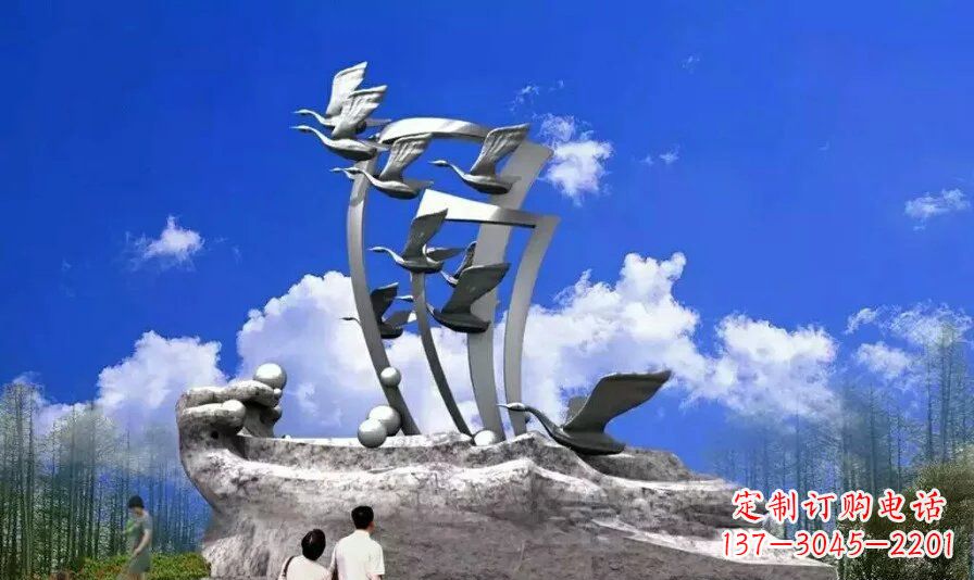 益阳艺术家手工制作的不锈钢飞翔天鹅雕塑