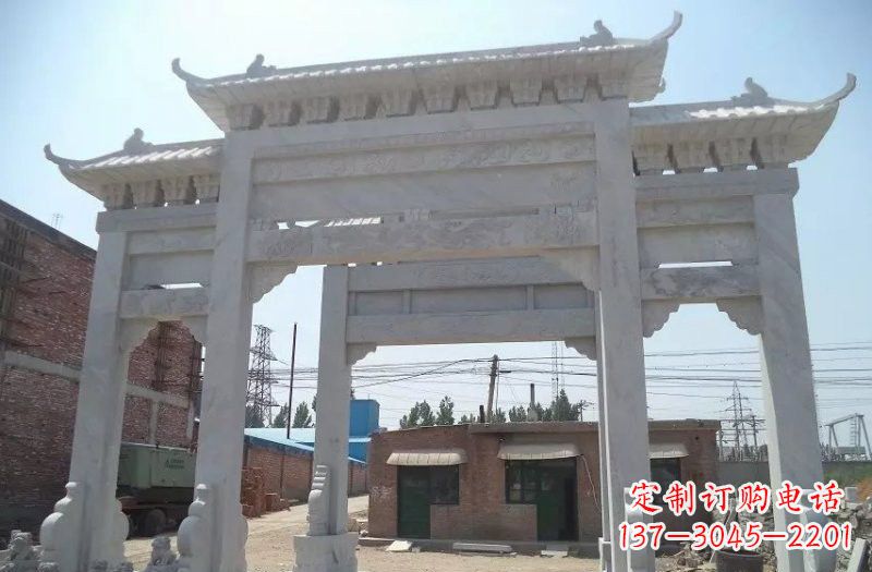 益阳公园汉白玉三门牌坊石雕