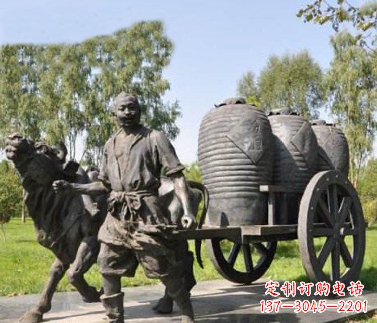 益阳公园驾着牛车拉酒缸的古代人物小品铜雕