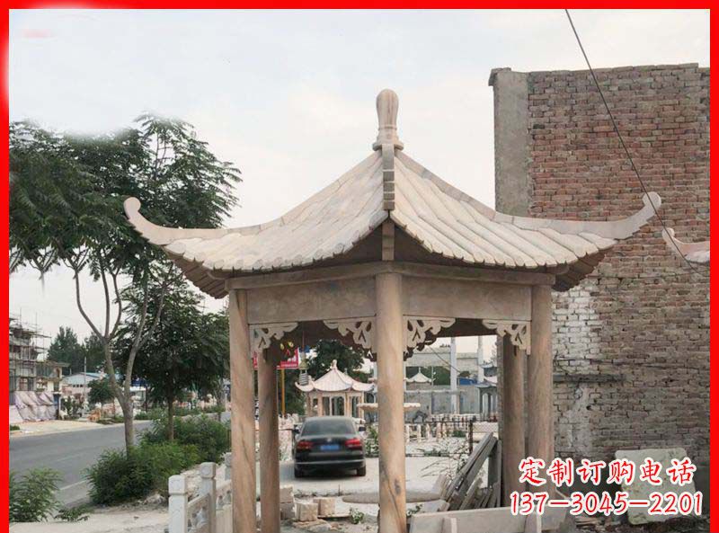 益阳公园晚霞红六角石凉亭雕塑