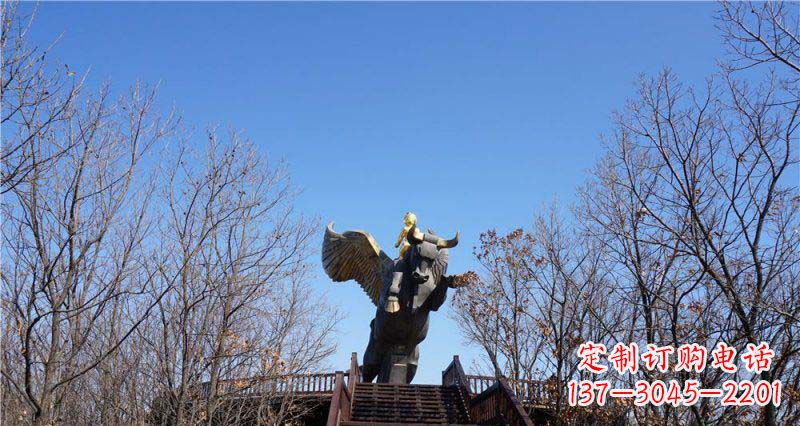 益阳精美铜雕雕塑——可爱小男孩站在飞牛上