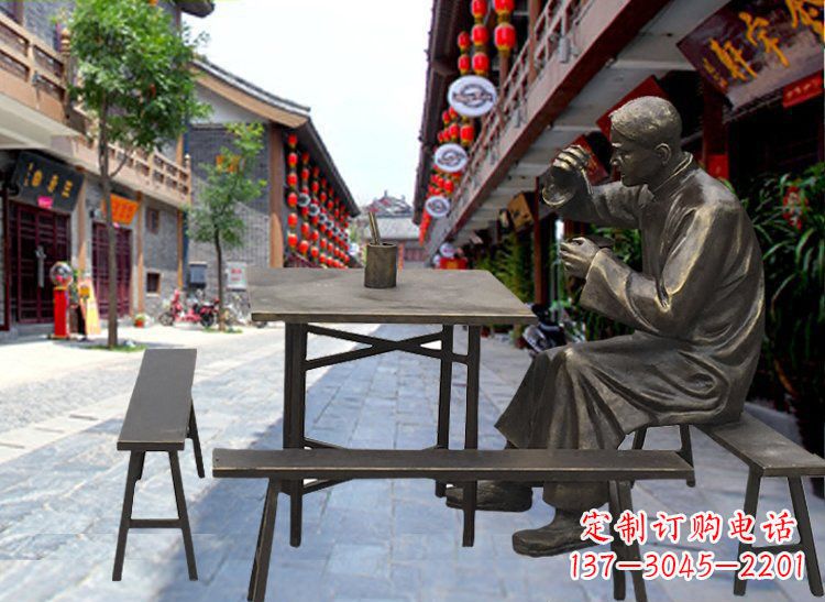 益阳广场铜雕店小二喝茶小品人物雕塑