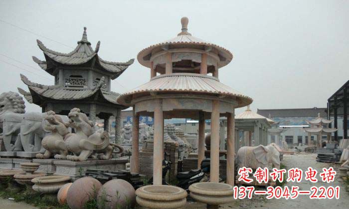 益阳海边景观晚霞红圆顶石雕凉亭