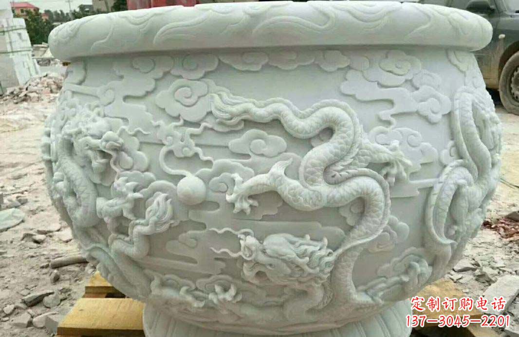 益阳汉白玉龙浮雕水缸雕塑