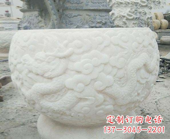 益阳汉白玉龙浮雕招财水缸，让你家居多一份福气