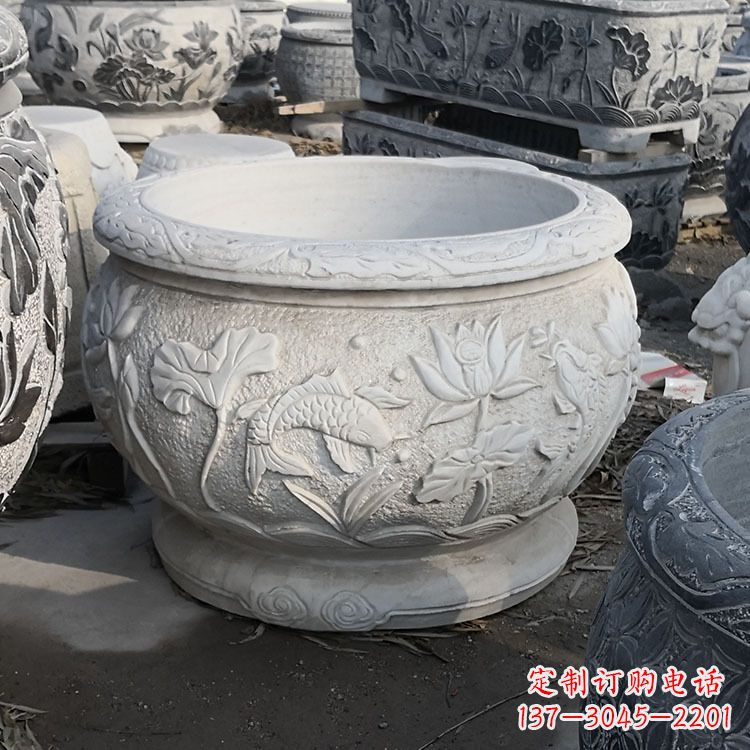 益阳汉白玉石雕鱼缸