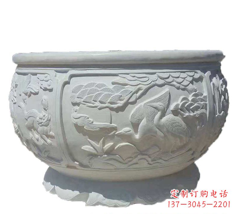 益阳汉白玉松鹤延年浮雕水缸