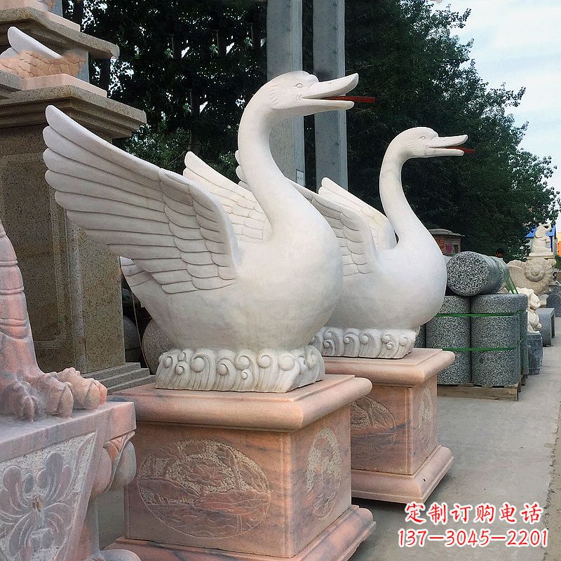 益阳汉白玉天鹅石雕-庭院别墅喷水动物摆件
