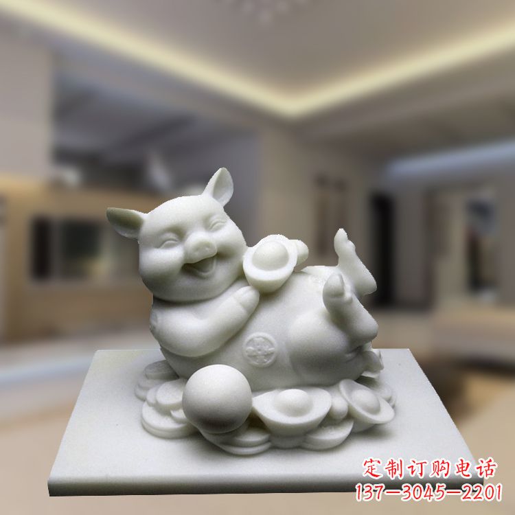 益阳汉白玉动物雕塑,招财猪石雕精美装饰