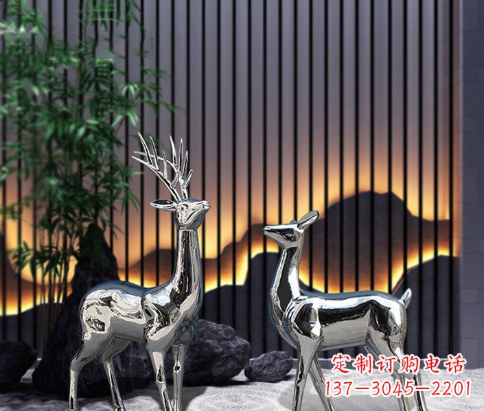 益阳酒店镜面不锈钢梅花鹿雕塑,精美复刻精品