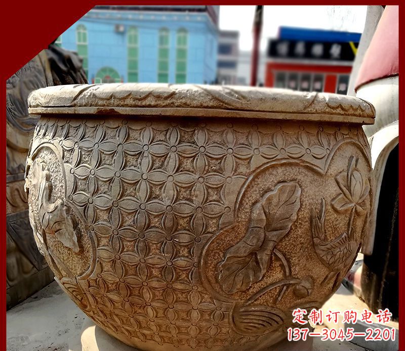 益阳鲤鱼荷花浮雕仿古石水缸