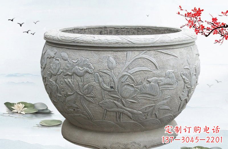 益阳连年有余浮雕水缸石雕
