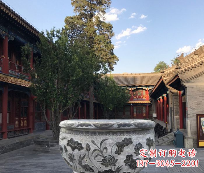 益阳连年有鱼石浮雕圆形荷花水缸