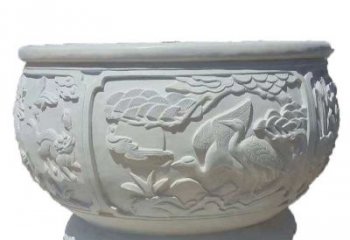 益阳汉白玉松鹤延年浮雕水缸，带给您无尽的岁月美景