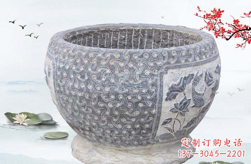 益阳青石仿古鲤鱼浮雕水缸,精致雕塑设计