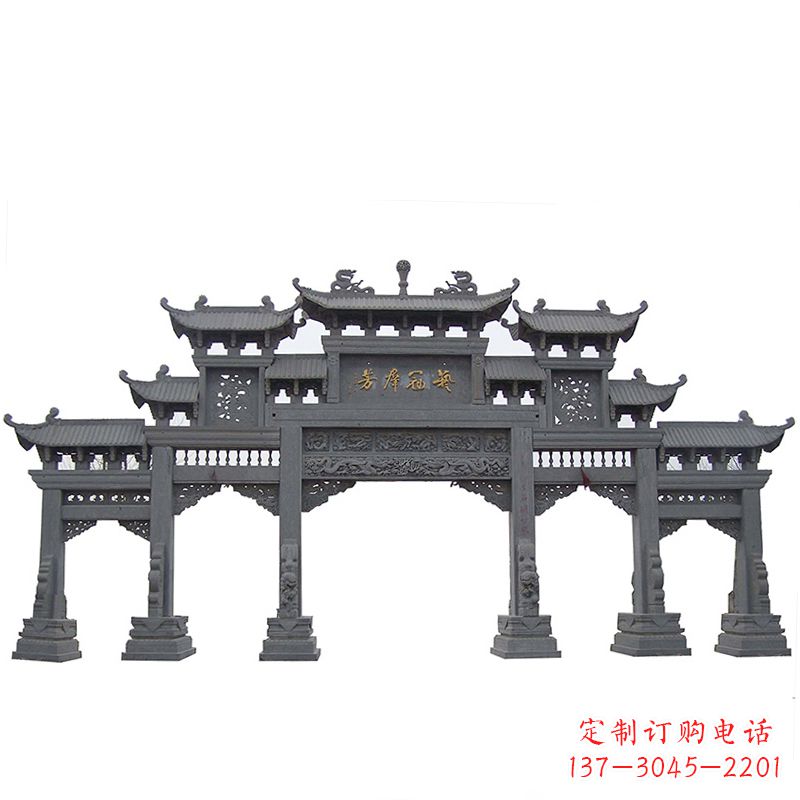 益阳传承千年历史青石仿古五门石雕牌楼