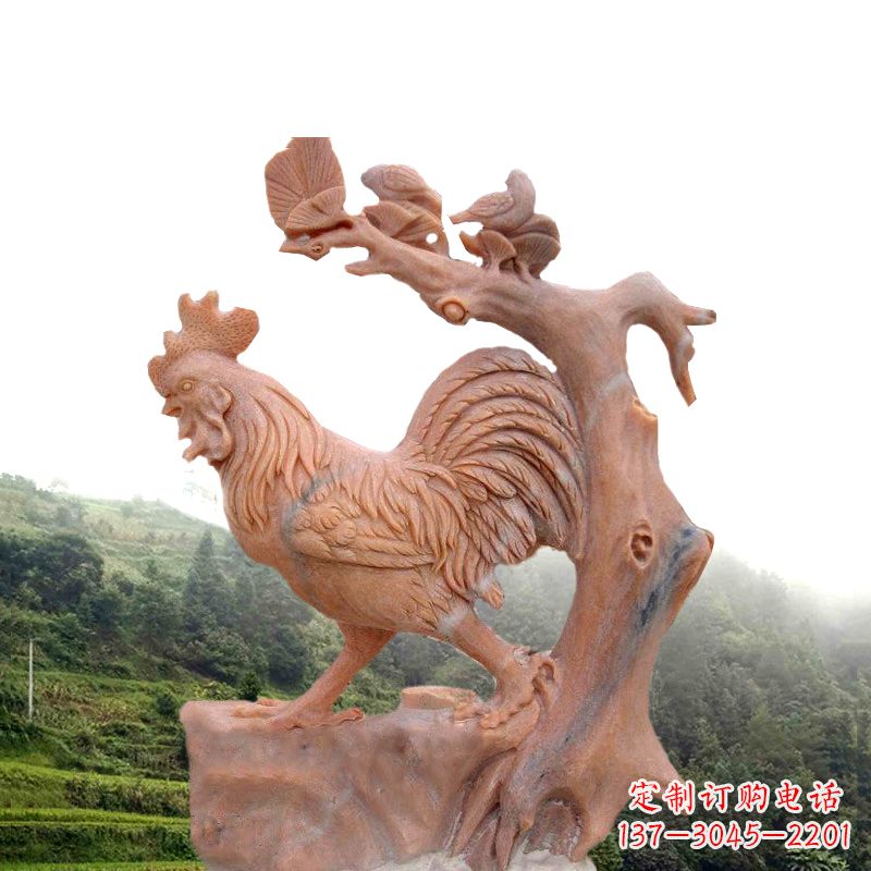 益阳生肖动物酉鸡晚霞红石雕