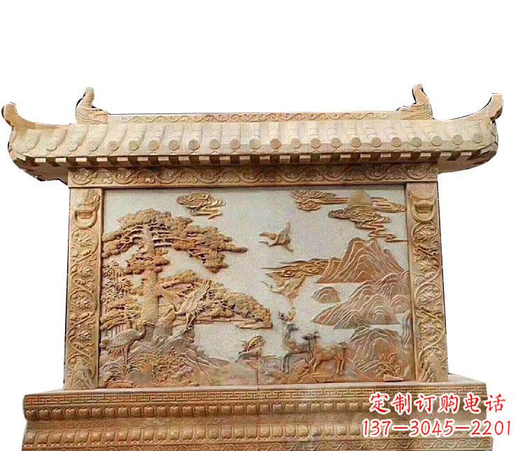 益阳石浮雕晚霞红影壁石雕