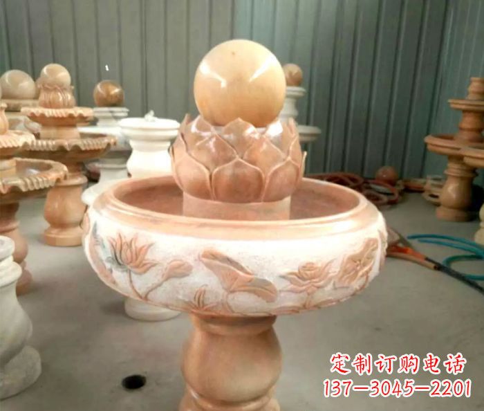 益阳石来运转晚霞红风水球喷泉石雕