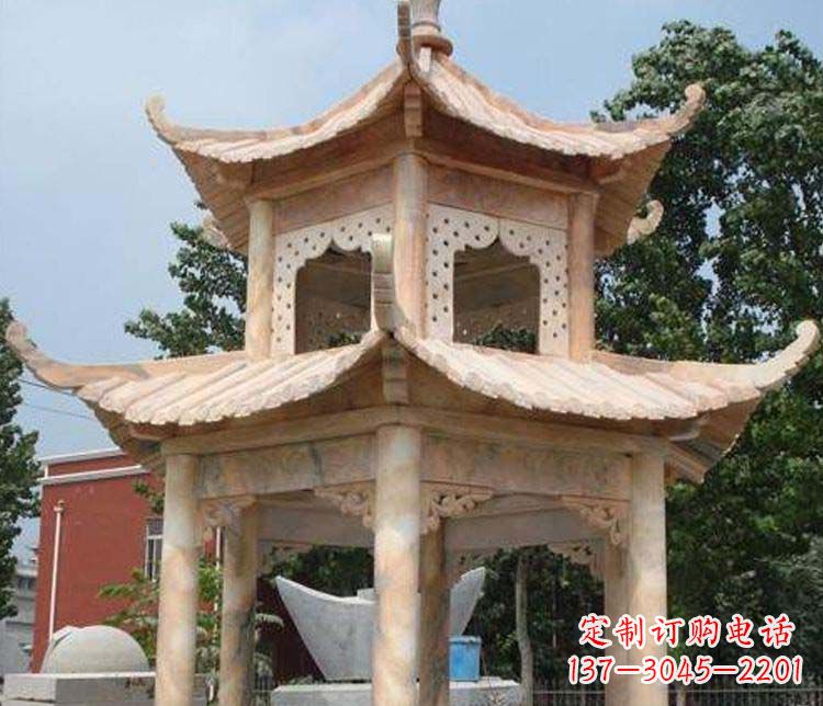 益阳双层晚霞红凉亭石雕
