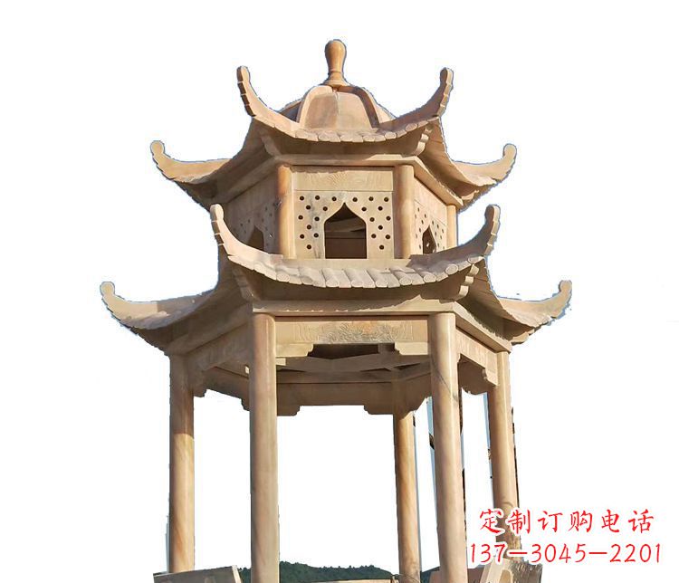 益阳双层晚霞红凉亭石雕 (2)