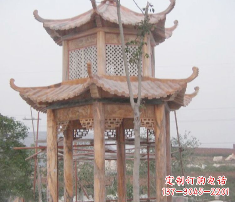 益阳双层晚霞红石凉亭石雕 (2)