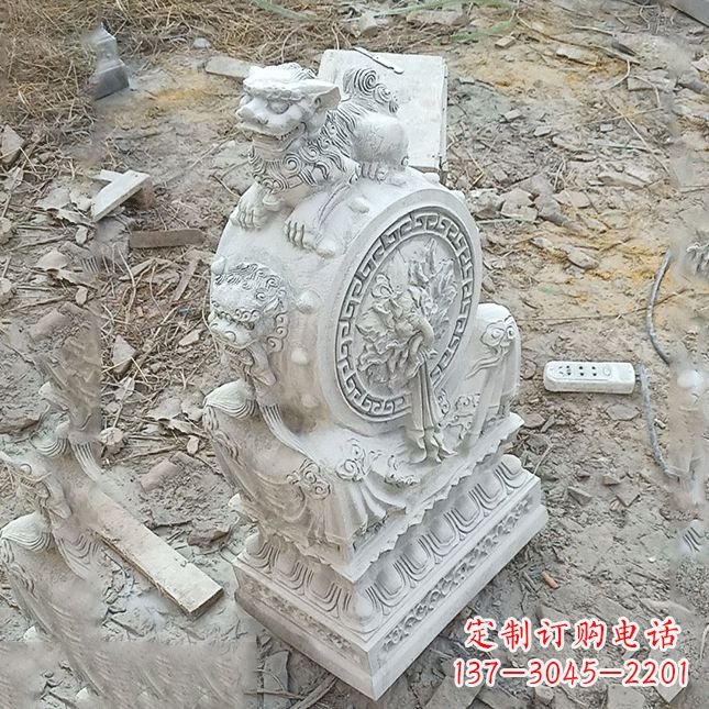 益阳双龙石雕门墩汉白玉狮子头