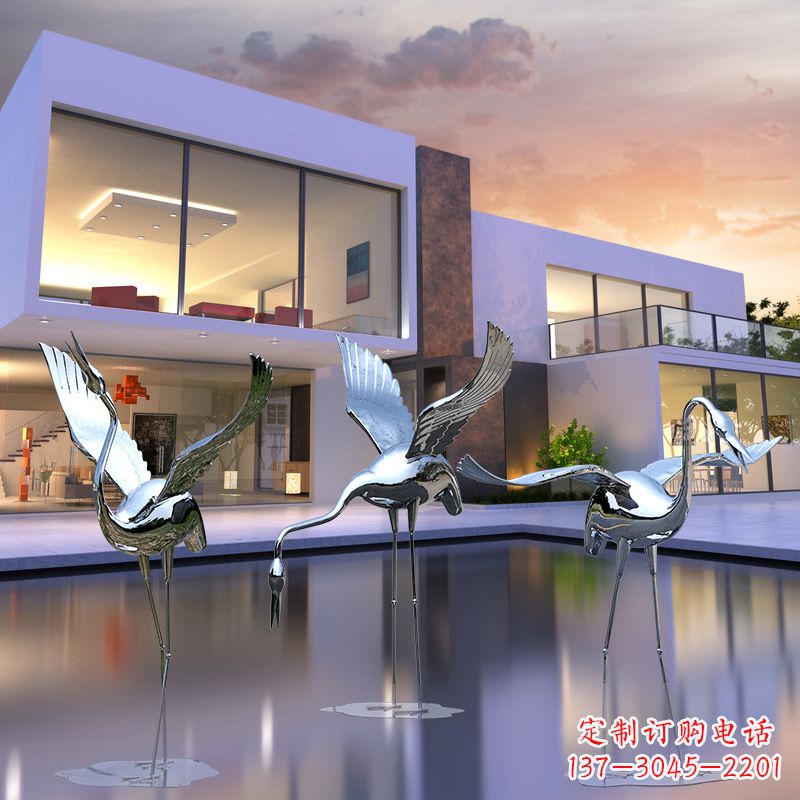 益阳水景仙鹤不锈钢镜面雕塑