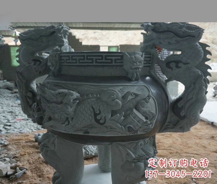 益阳寺庙景观青石龙头香炉石雕