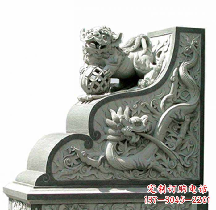益阳寺庙景观玩绣球狮子石雕门墩