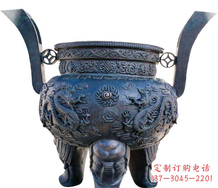 益阳寺庙圆形三足鼎铜雕香炉