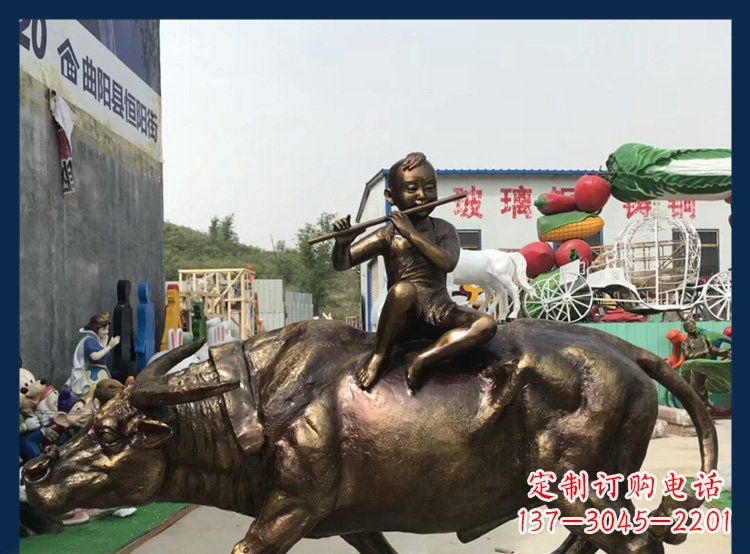 益阳田园铜雕木头骑黄牛动物雕塑