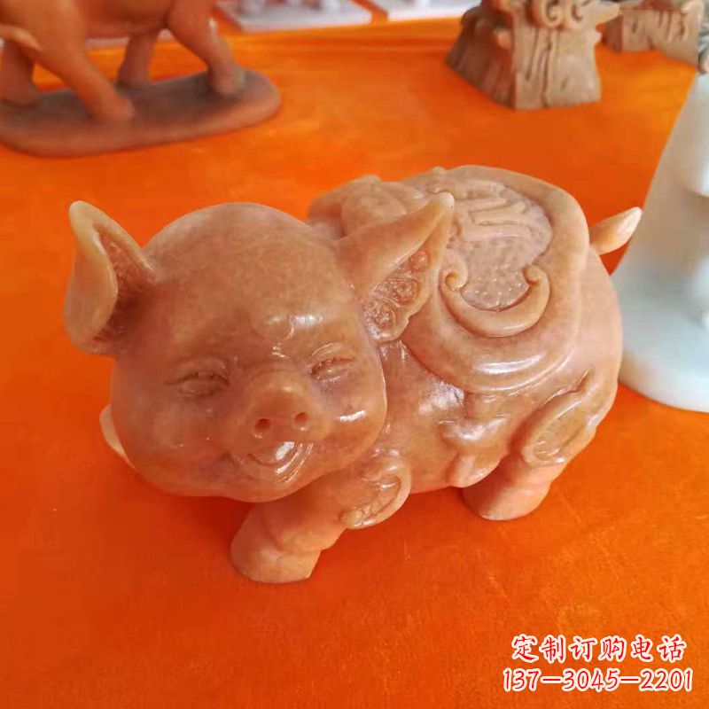 益阳晚霞红大理石招财猪雕塑-企业商场创意生肖动物风水摆件