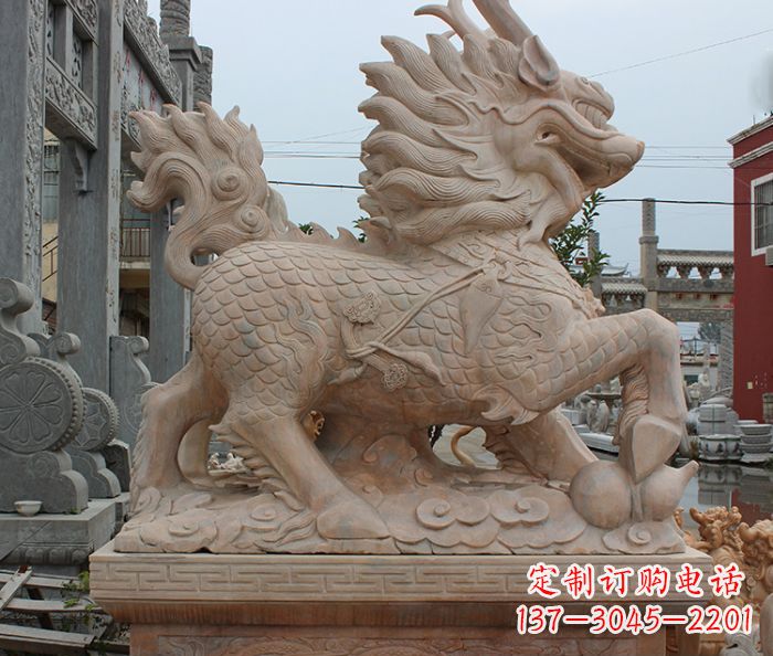 益阳晚霞红古代神兽麒麟石雕