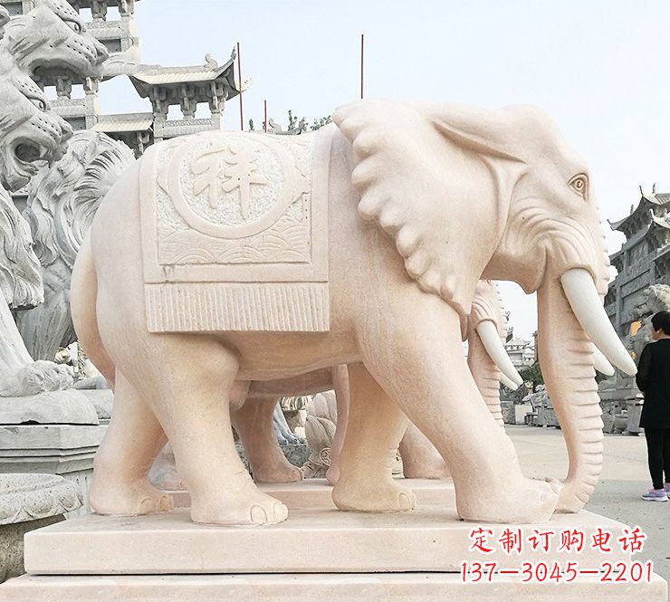 益阳晚霞红吉祥如意大象石雕