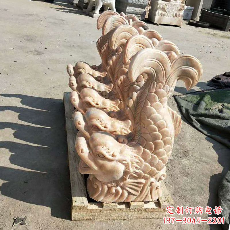 益阳晚霞红喷水鱼石雕-园林水景喷泉动物雕塑摆件