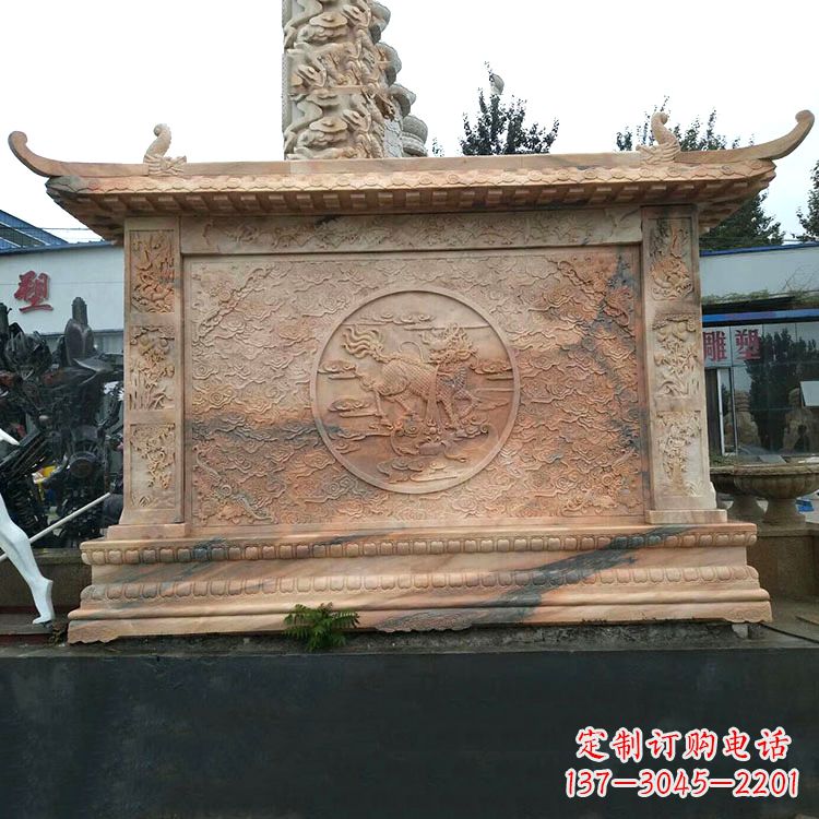 益阳晚霞红麒麟影壁墙石雕