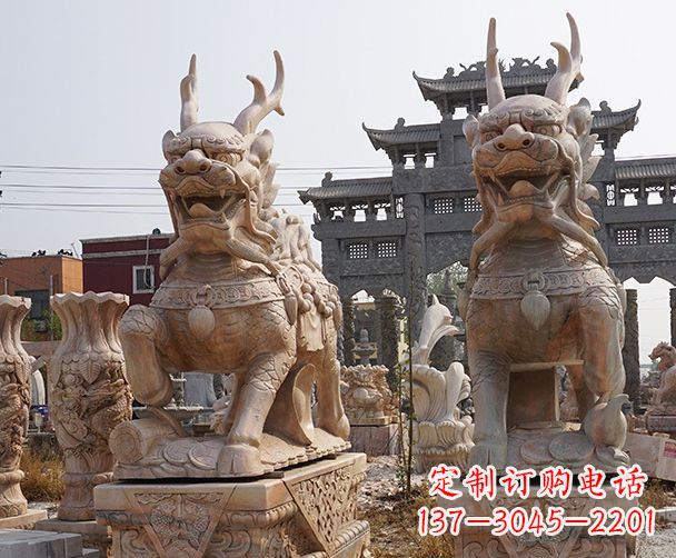 益阳晚霞红瑞兽麒麟石雕 (2)