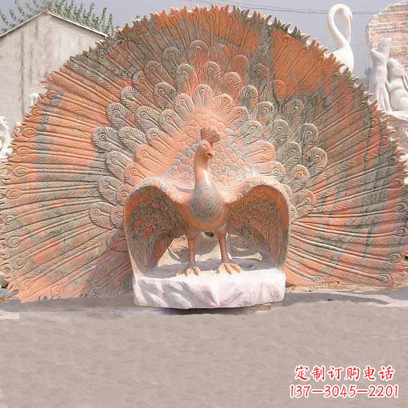 益阳晚霞红石雕孔雀-公园园林景观动物雕塑